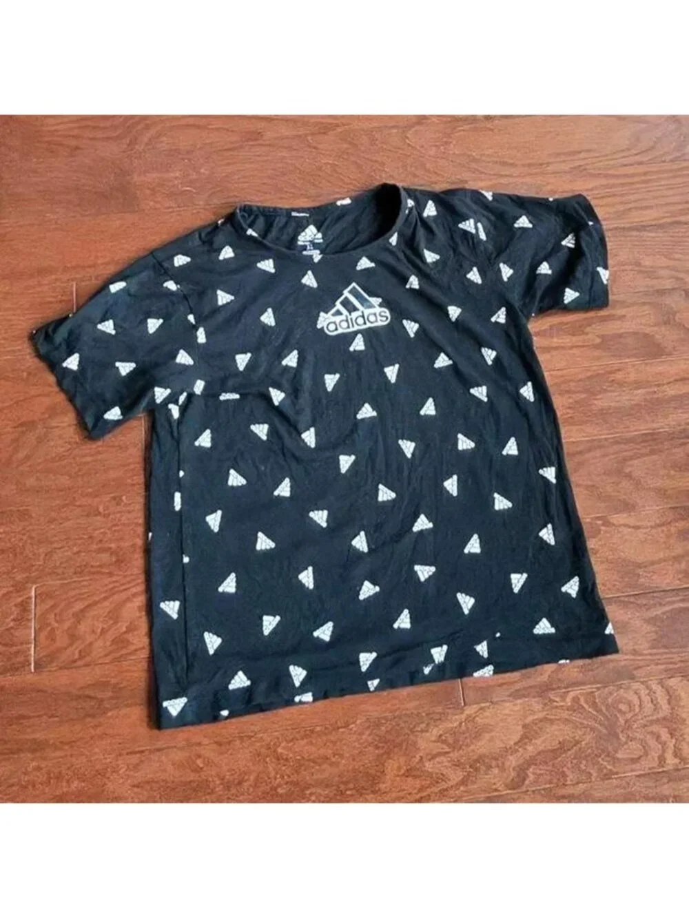 Adidas Youth Boys T-Shirt Large Black White Logo Print All Over